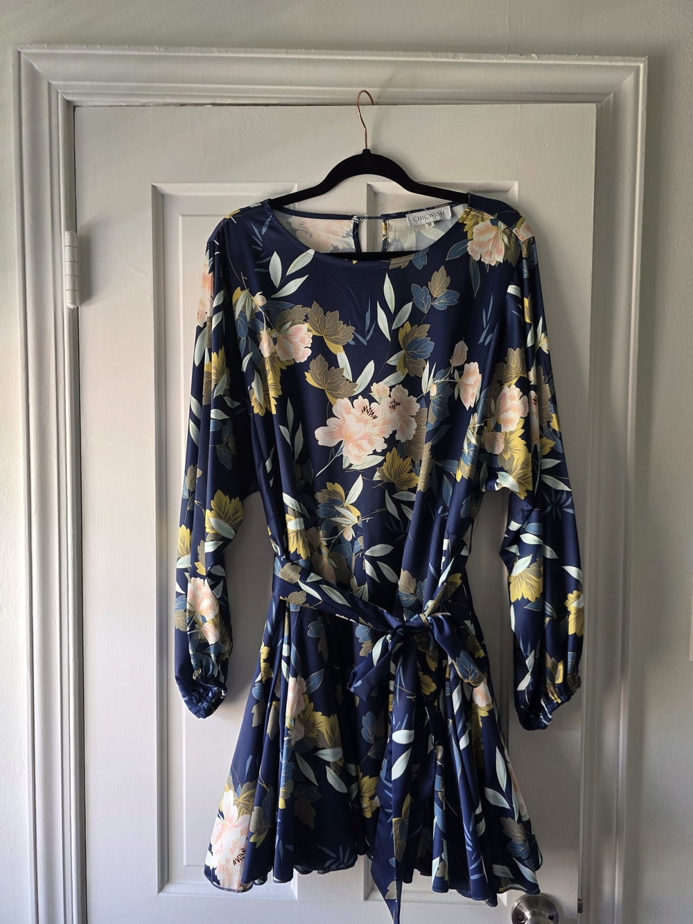 Chicwish Navy Floral Long-Sleeve Tie-Waist Dress